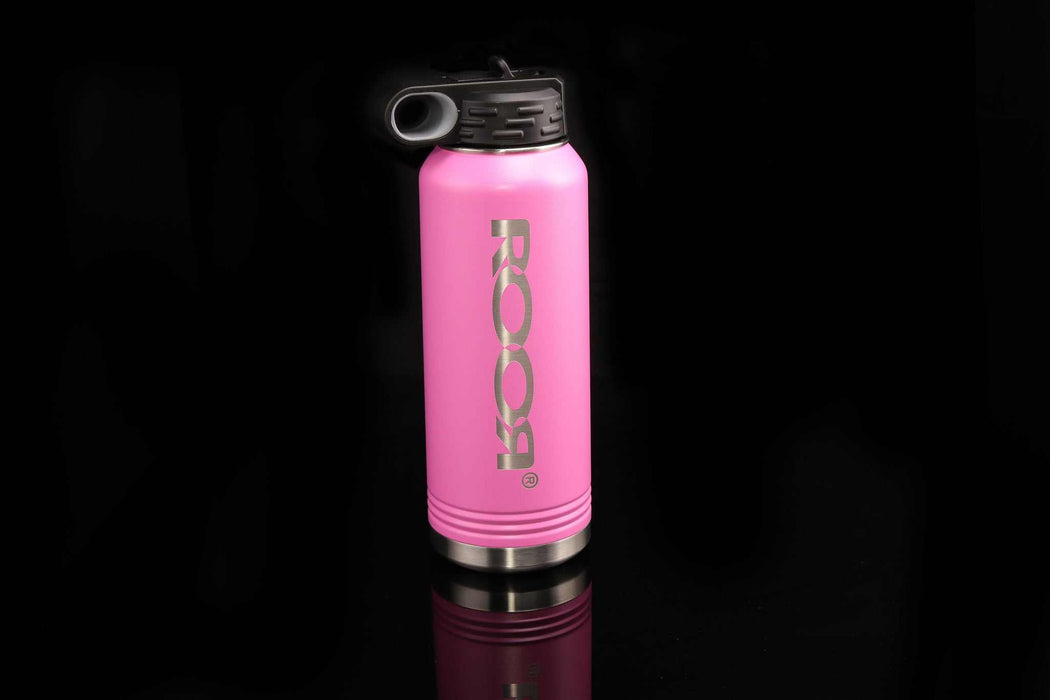 Pink ROOR Water Bottle 32oz on black background, logo displayed.