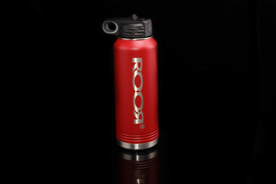 Red ROOR Water Bottle 32oz with black lid on black background.