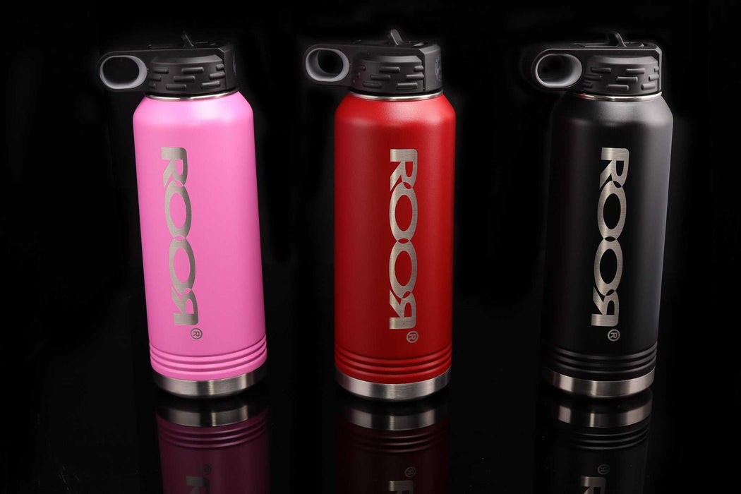 ROOR Water Bottle 32oz in pink, red, and black.