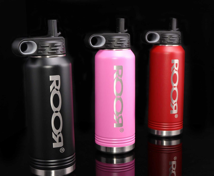 ROOR Water Bottle 32oz in black, pink, and red with straw lids.