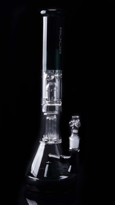 ROOR Tech Fixed 18-inch beaker bong with 50x5mm barrel perc in jade and black, made from durable German Duran Schott glass.