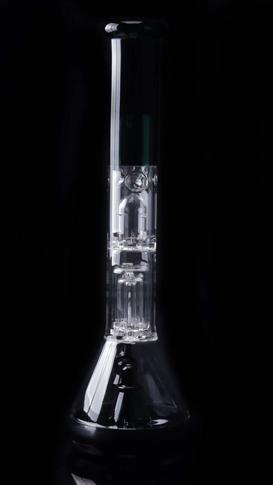 ROOR® Tech Fixed 18" beaker bong with 50x5mm German Duran Schott glass, barrel percolator, jade and black accents, and stemless design