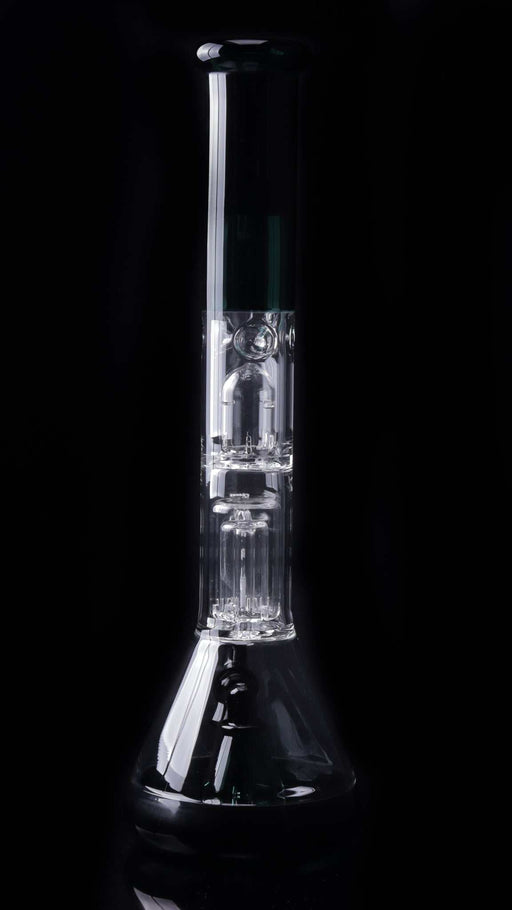 ROOR® Tech Fixed 18" beaker bong with 50x5mm German Duran Schott glass, barrel percolator, jade and black accents, and stemless design