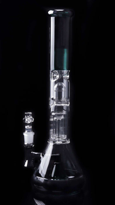 ROOR Tech Fixed 18-inch stemless beaker water pipe with 50x5mm German glass, barrel percolator, jade and black accents, and built-in splash guard and debris catcher.
