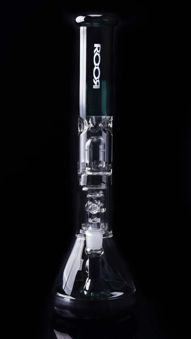 ROOR Tech Fixed 18-inch beaker bong with 50x5mm barrel perc in jade and black, made of German Duran Schott glass.