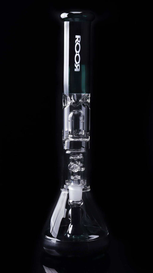ROOR Tech Fixed 18-inch beaker bong with 50x5mm barrel perc in jade and black, made of German Duran Schott glass.