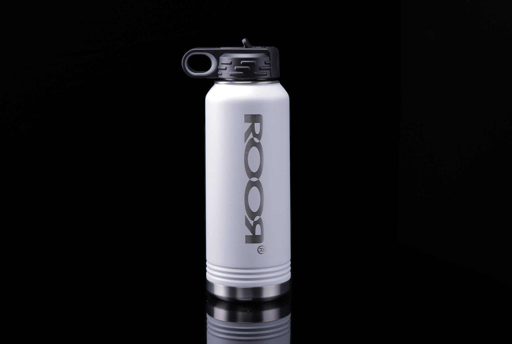 ROOR Water Bottle 32oz with black lid and logo on a dark background.