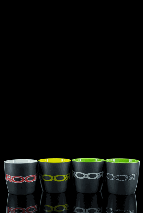ROOR Collectors Mugs in assorted colors with black matte exterior and colorful interiors.