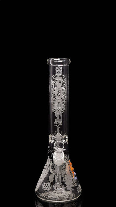 ROOR® Sandblasted 14" Beaker with Sugar Skull design, 50x5mm German Schott glass, featuring ice pinches for cooler hits.
