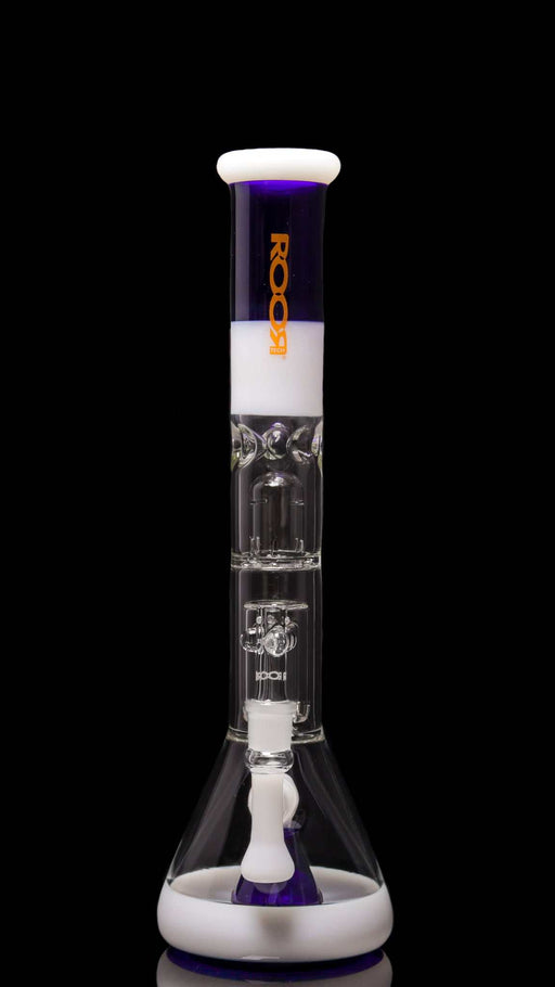 ROOR® Tech Fixed 18" Beaker with Barrel Perc in White & Blue glass design.