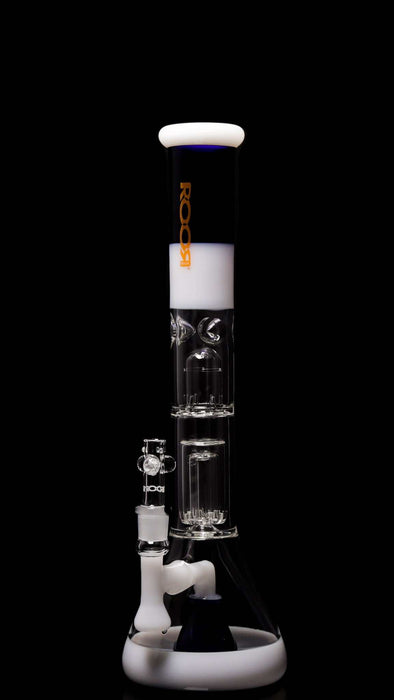 ROOR® Tech Fixed 18" Beaker with 50x5mm Barrel Perc in White & Blue on black background.