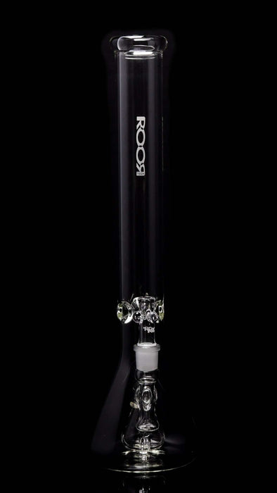 ROOR® Tech Fixed 18" Beaker made from clear 50x5mm German Duran Schott glass, featuring a stemless design with slits for airflow and ice pinches for cooling.