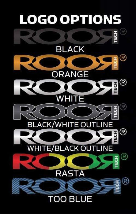 ROOR Tech logo options in black, orange, white, black/white outline, white/black outline, rasta, and too blue.