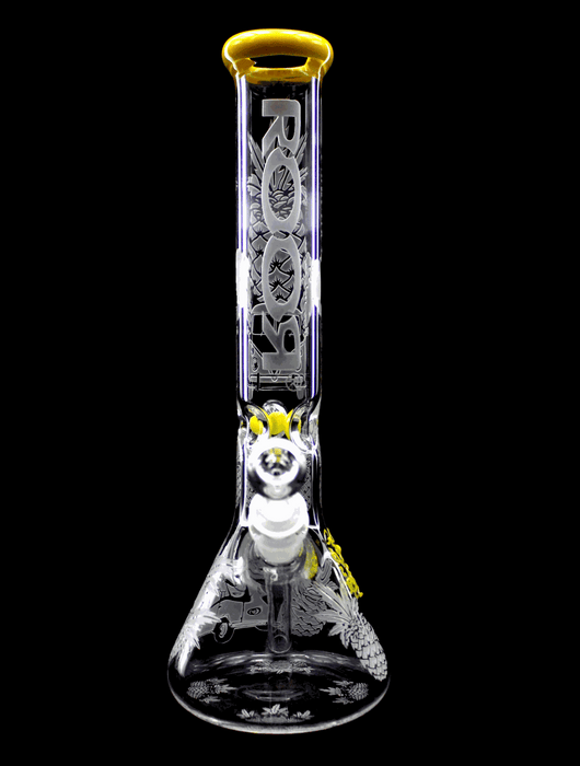 ROOR Pineapple Express 14-inch beaker bong with yellow mouthpiece and detailed sandblasted design