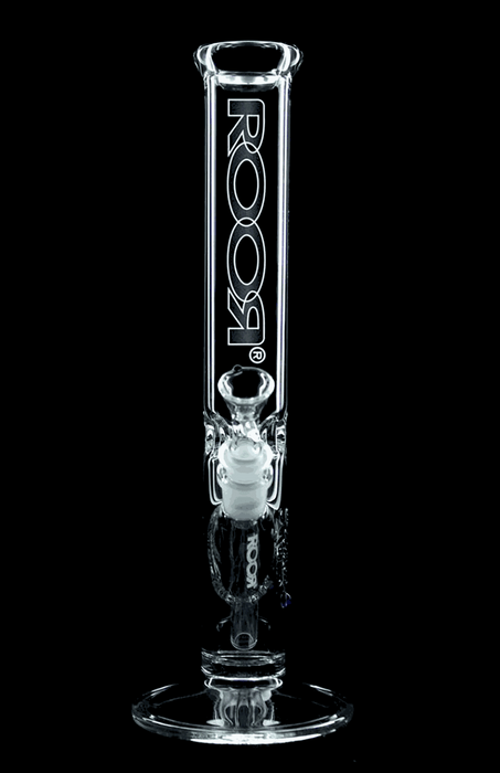 ROOR® Classic 14" Straight Black & White glass tube with unique signature, featuring ice pinches and downstem for cooler hits.