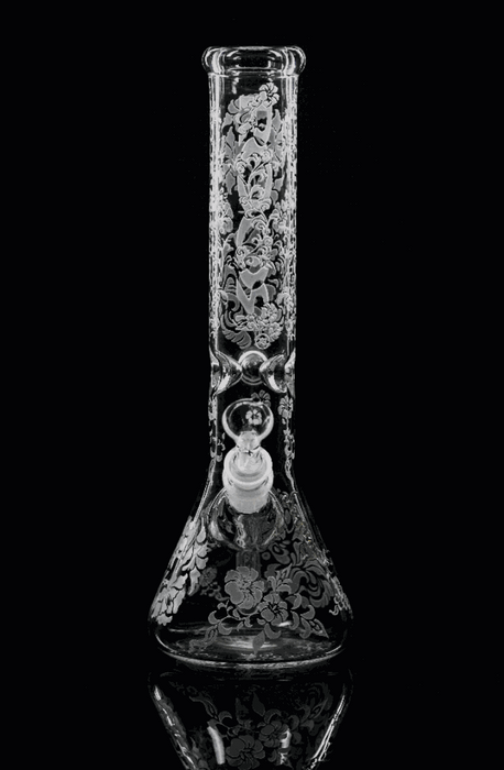 ROOR® Sandblasted 14" Beaker with floral design, crafted from 45mm x 5mm German Schott glass.