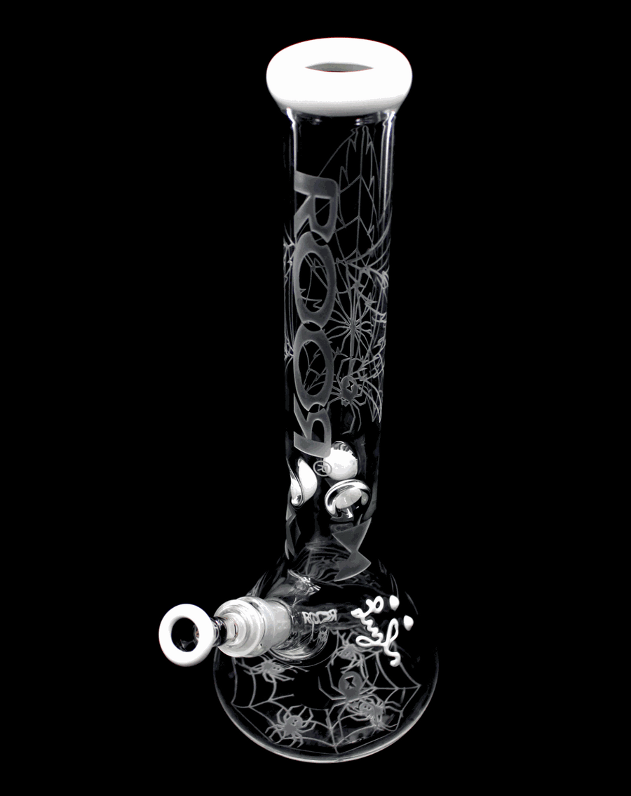 ROOR® White Widow 14 inch beaker bong with 45x5mm custom sandblasted glass and white accents