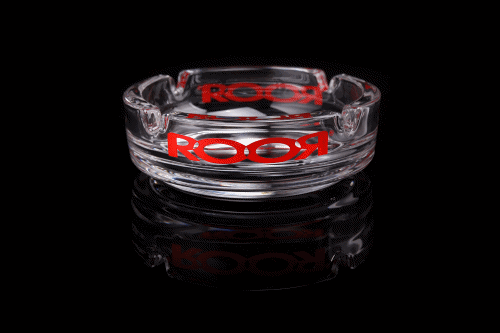 ROOR Collector Glass Ashtray with red decal on black background.