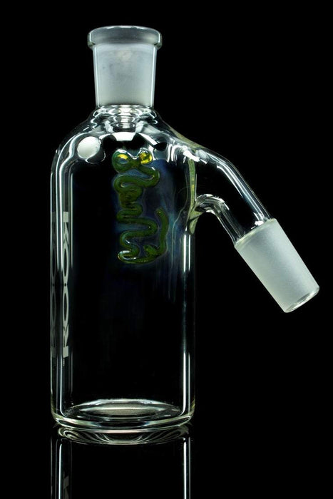 ROOR® Classic Ash Catcher 14.5mm Joint, clear glass with green decal, 45° angle.