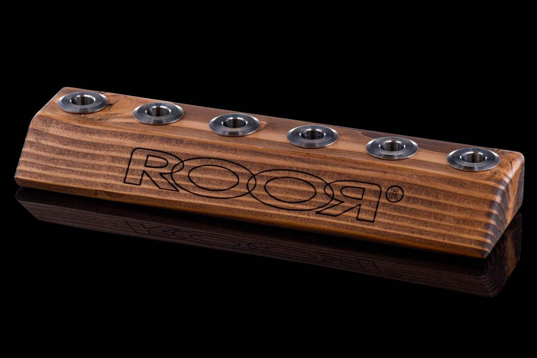 ROOR® Wood Bowl Holder with stainless steel inserts, dark wood stain.