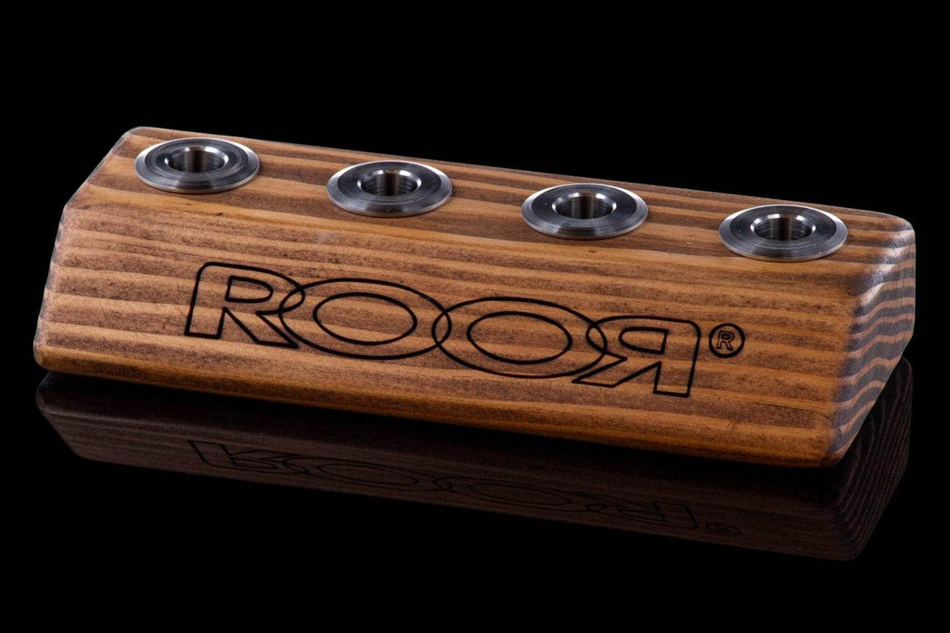 ROOR® Wood Bowl Holder in dark wood finish with four stainless steel inserts.