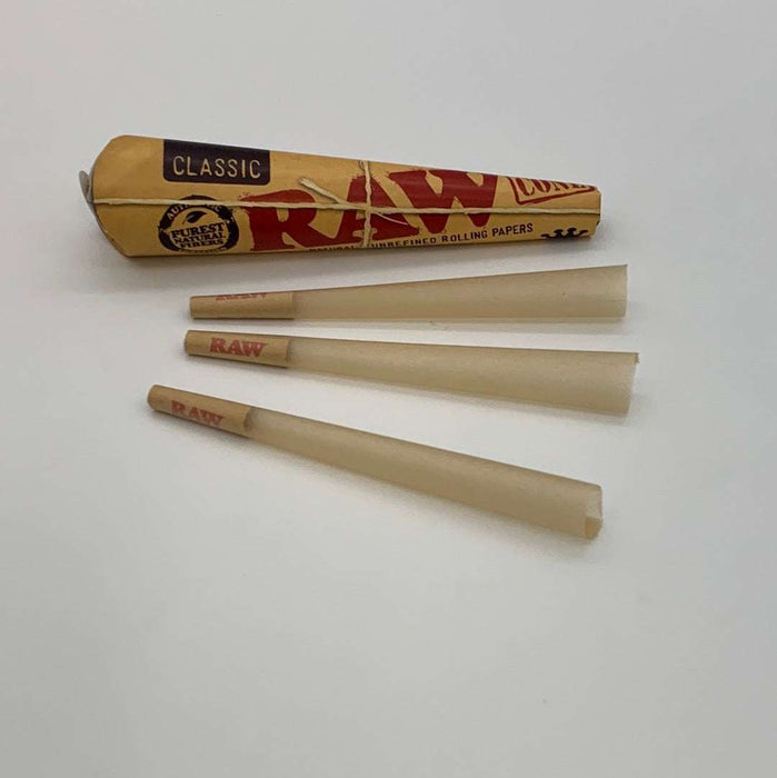 Raw Classic King Size Cones - 3 Pack, pre-rolled unbleached paper cones with packaging.