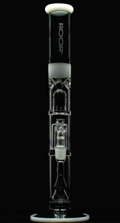 ROOR® Tech Fixed 18” Straight Barrel Perc in Smokey Grey & White with splash guard and ice-pinch.