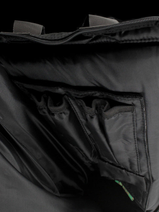 Interior view of ROOR® Traveling Carrying Bag in black showing pockets and double stuffed bottom for glass protection.
