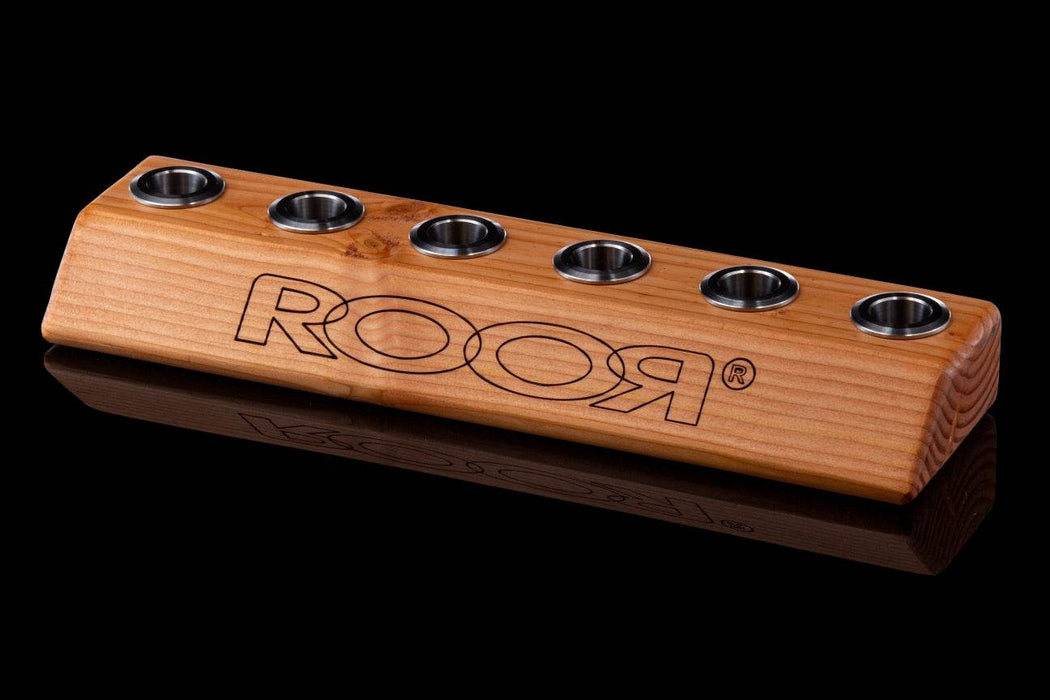 ROOR® Wood Bowl Holder with stainless steel inserts in dark wood finish, holds various joint sizes.