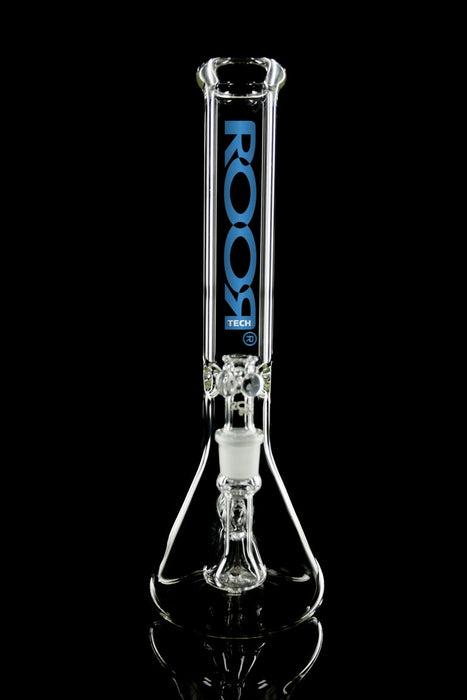 ROOR® Tech Fixed 18" Beaker 50x5mm Clear glass bong with blue logo and ice pinches.