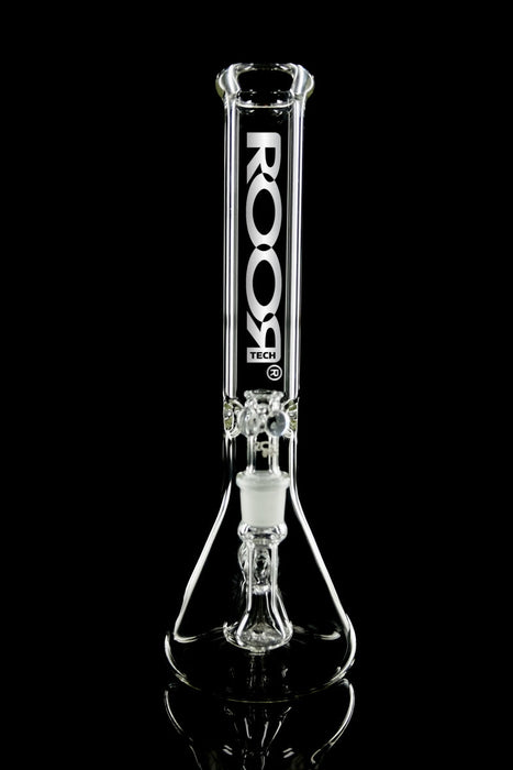 ROOR® Tech Fixed 18" Beaker 50x5mm Clear glass with built-in percolator and ice-pinches on black background.