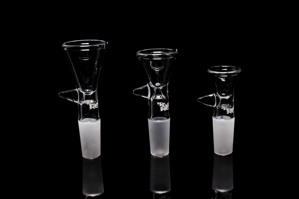 Set of three ROOR® 14mm classic funnel bowls with pointed handle style in small, medium, and large sizes on black background