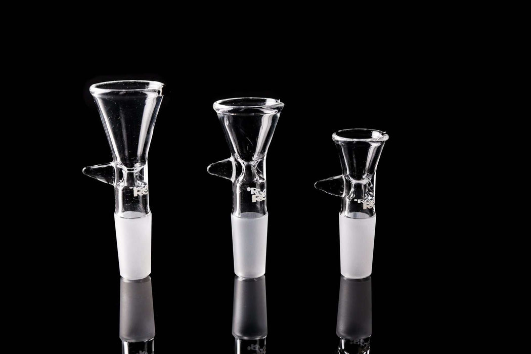 Three clear ROOR® 14mm classic funnel bowls with pointed handle styles in small, medium, and large sizes on a black background