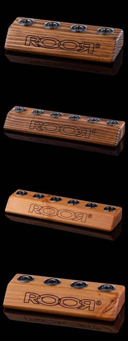 ROOR® Wood Bowl Holder in dark and light wood stains, handcrafted pine wood with stainless steel inserts.