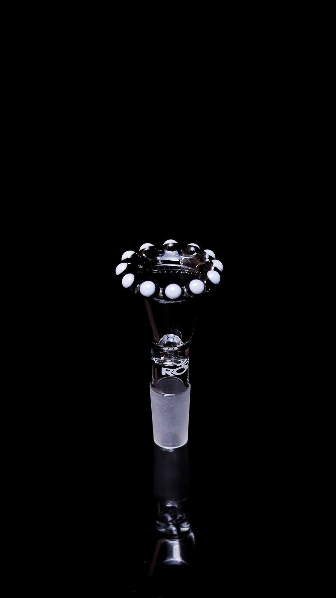 ROOR® Custom White Black Color Crown Bowl with 14.5mm Male Joint, hand-crafted glass design on black background.