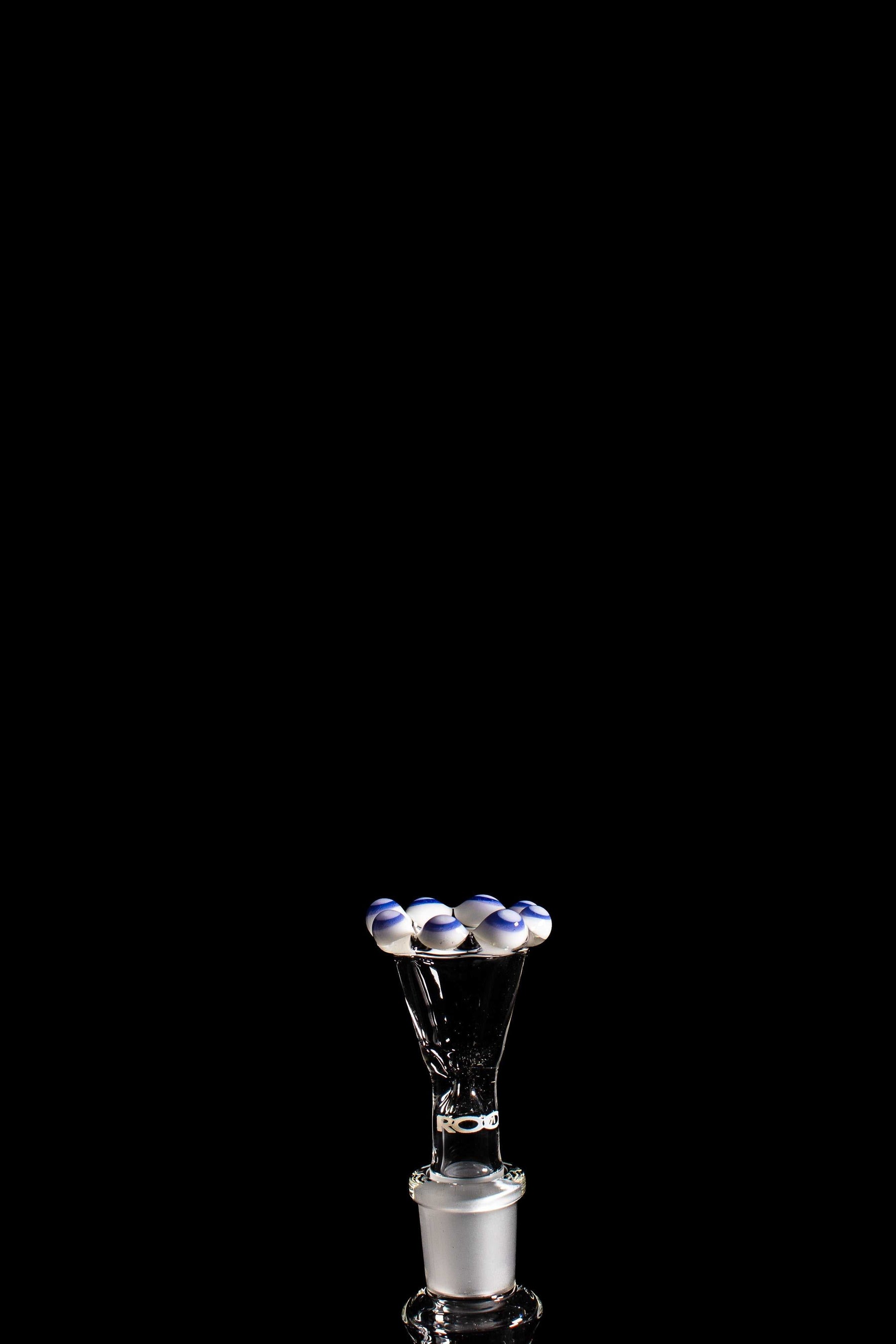 ROOR® Custom white and milky blue double crown funnel bowl with male joint on black background