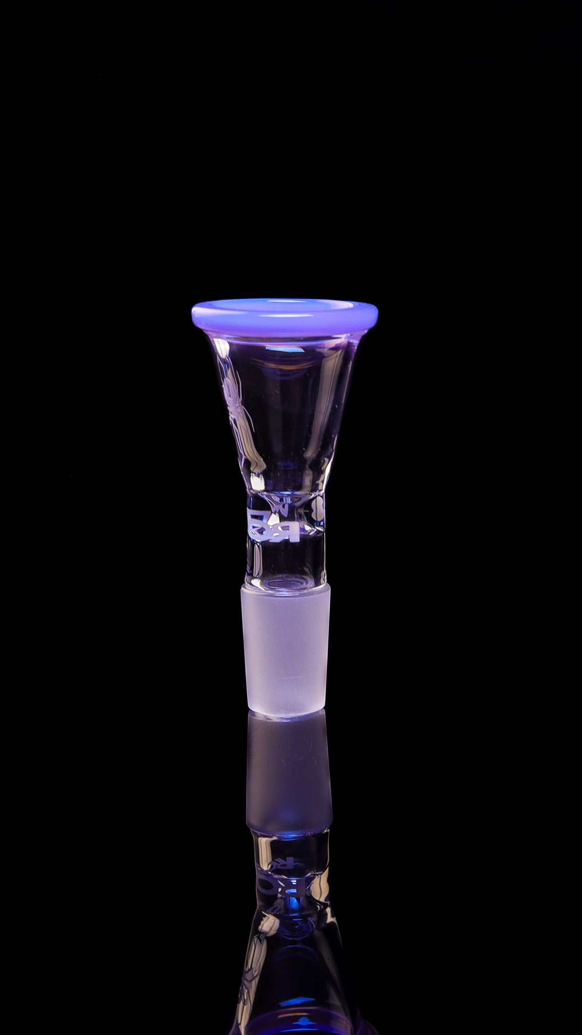 ROOR custom sandblasted White Widow funnel bowl with milky purple color rim and medium male joint on black background