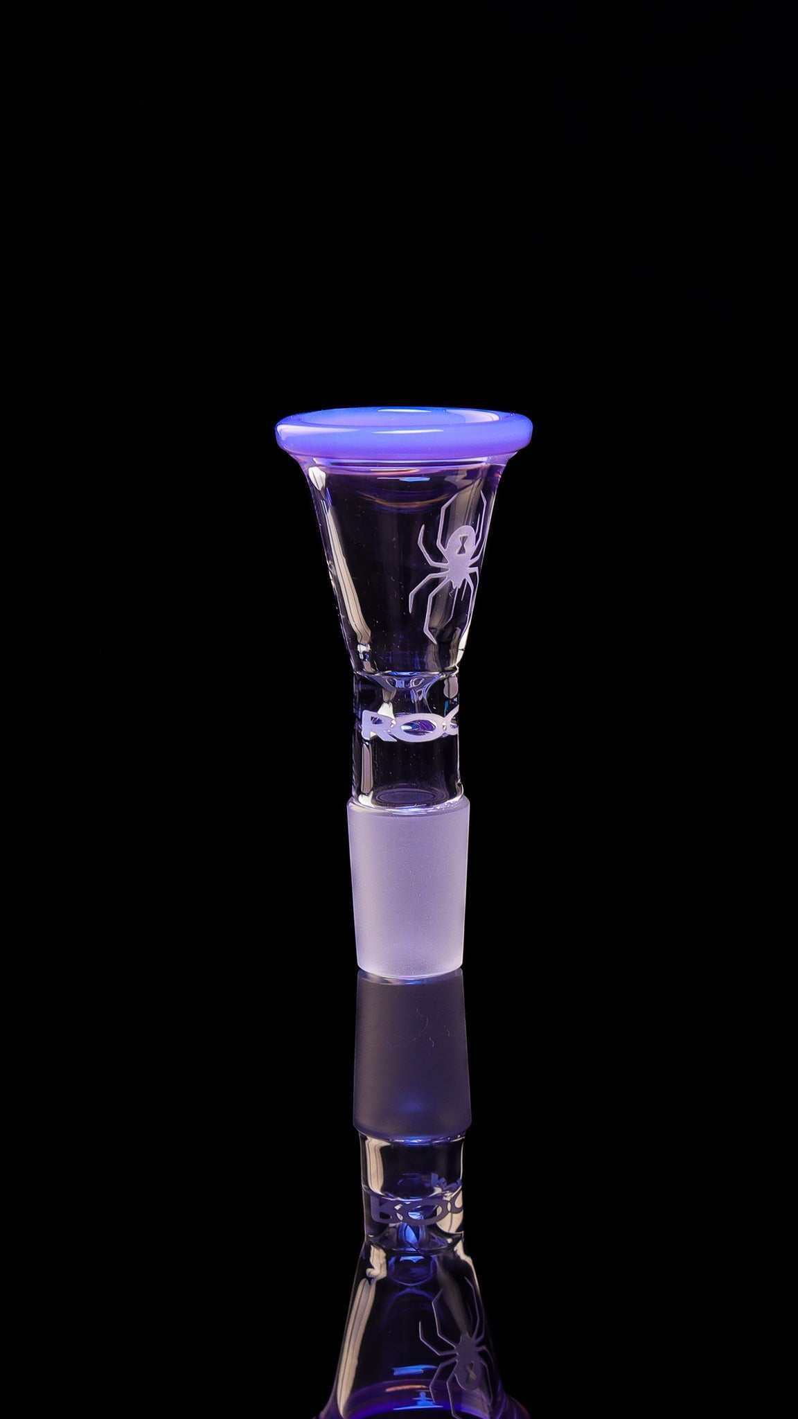ROOR Custom Bowl with sandblasted White Widow design and milky purple color rim, medium funnel glass bowl.