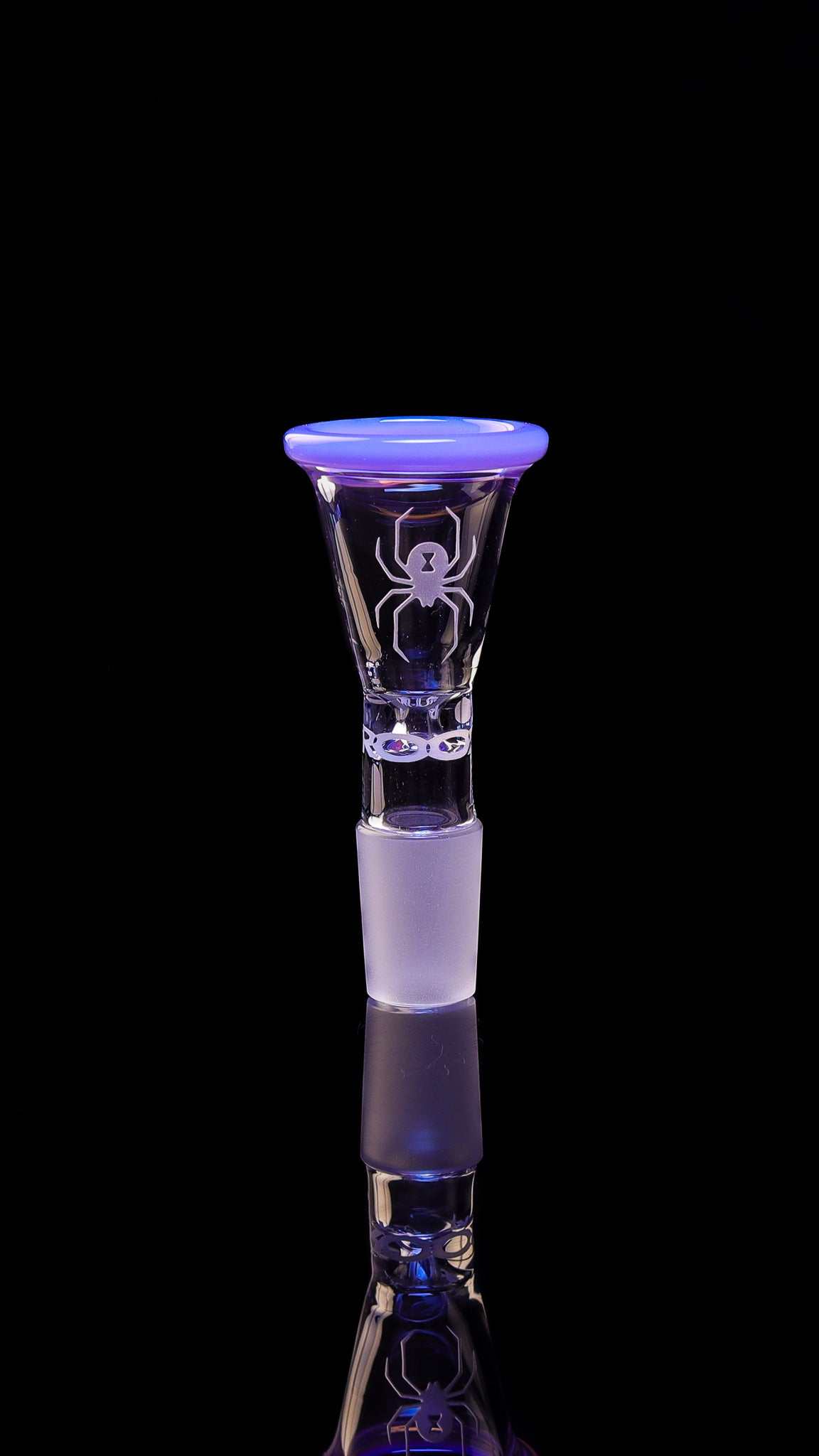ROOR custom sandblasted White Widow funnel bowl with milky purple color rim and spider design