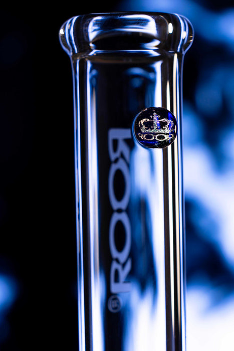 Clear ROOR® Custom 30th Anniversary 18-inch straight glass bong with limited edition platinum decal and sandblasted details.