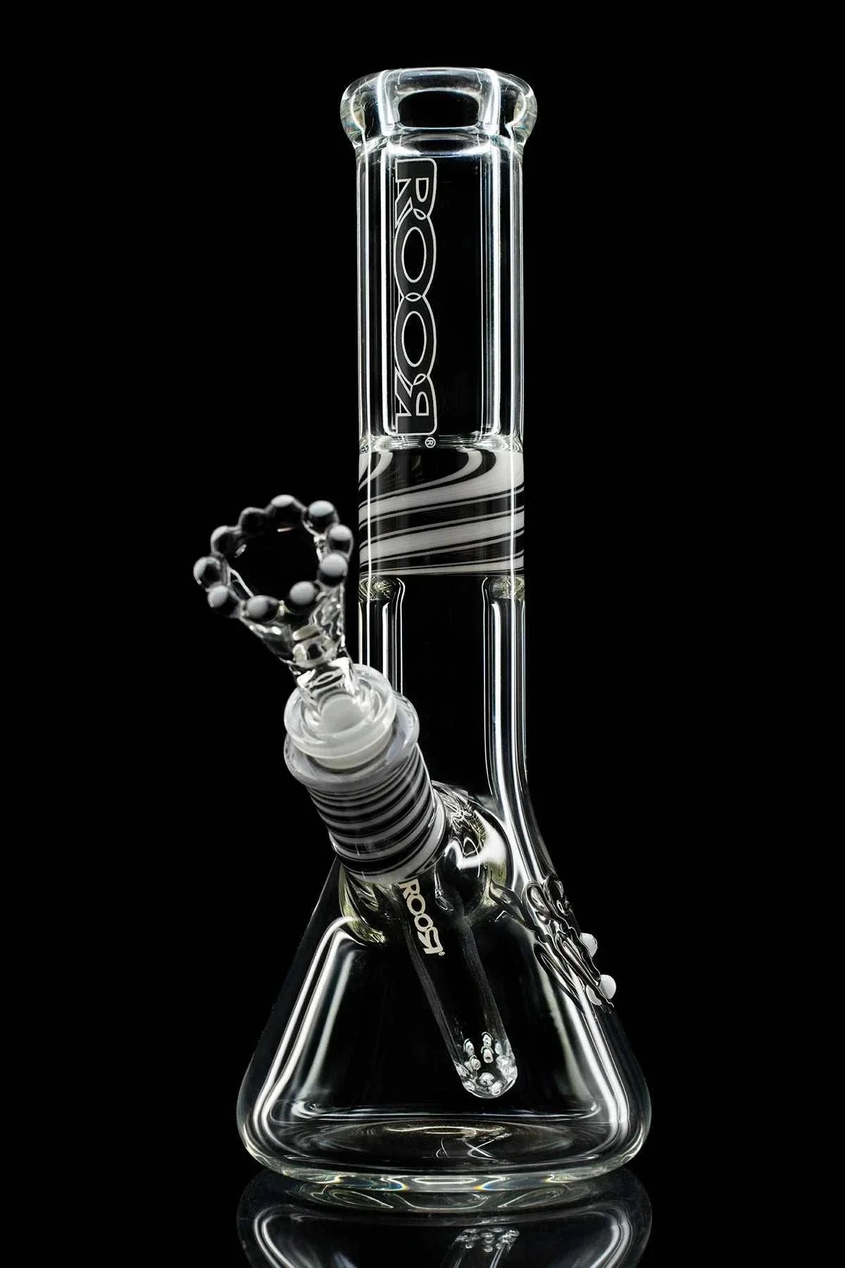 ROOR® Custom Worked clear 10-inch glass beaker with black and white decal and reducing downstem