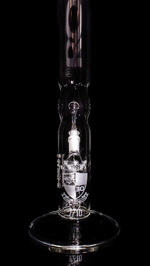 Clear 18-inch ROOR® Custom 30th Anniversary limited edition straight bong with platinum decal and sandblasted shield design