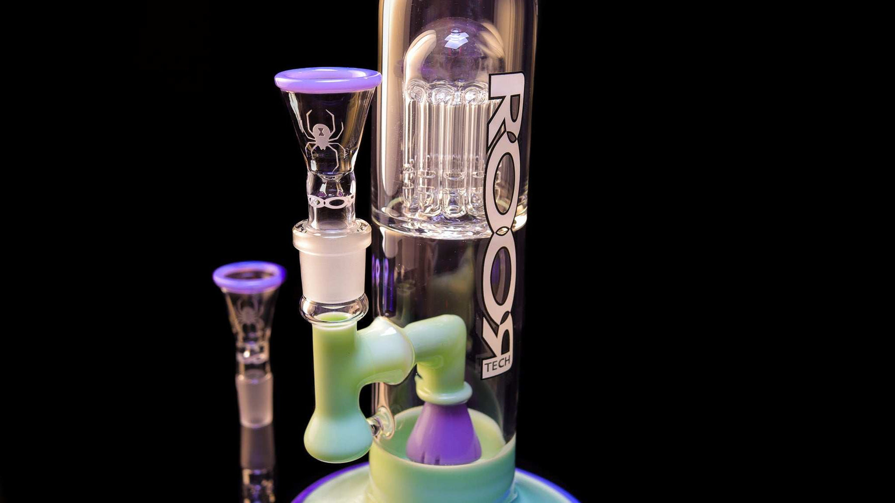 ROOR Tech Fixed 14” Stemless Bubbler purple and green glass with dual percolators and built-in debris catcher
