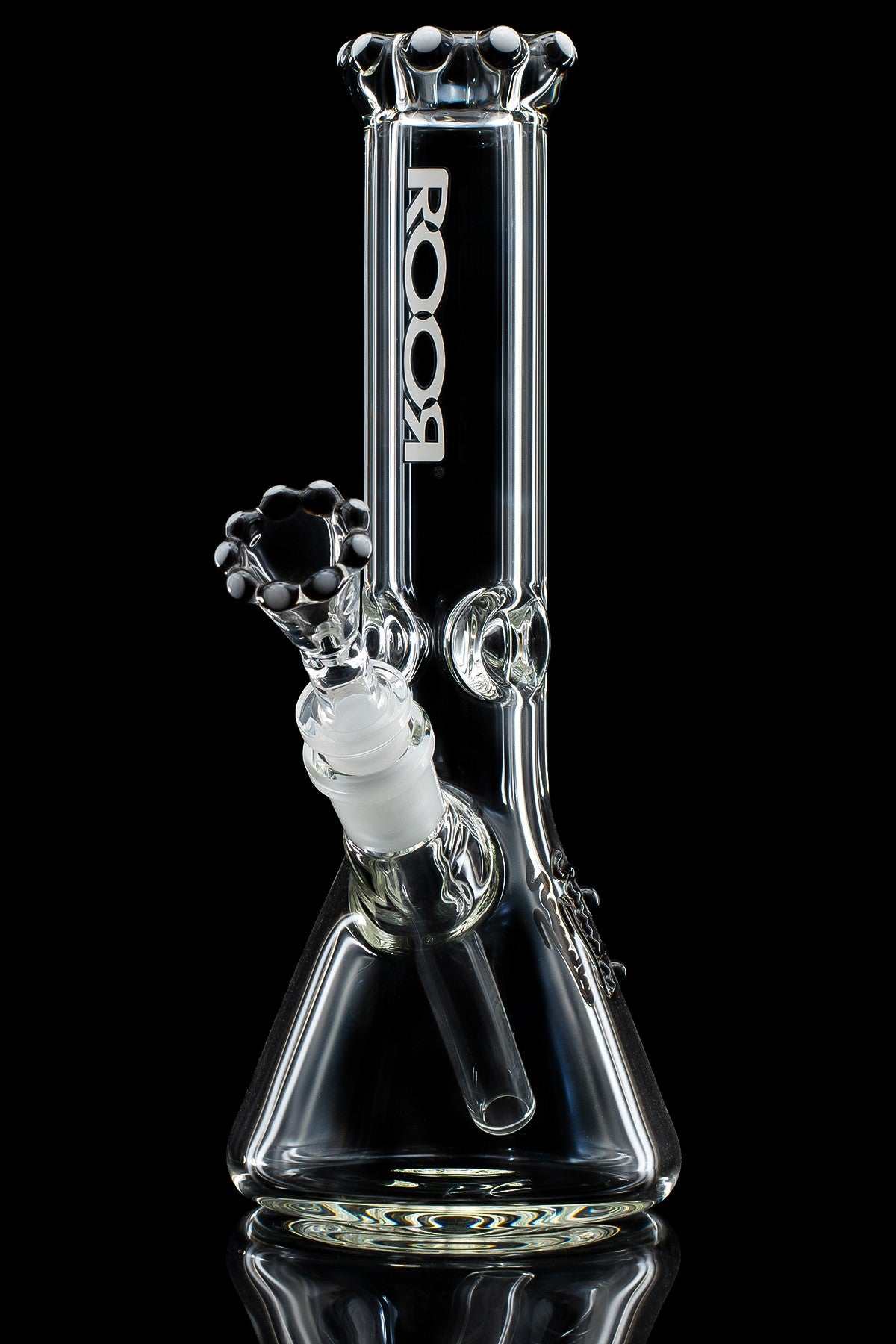 Glass bong with 'Roor' branding on a black background