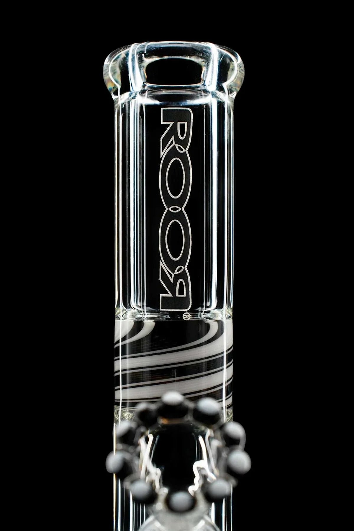 ROOR® Custom Worked 10-inch clear glass beaker with black and white decal and red downstem, alternate view