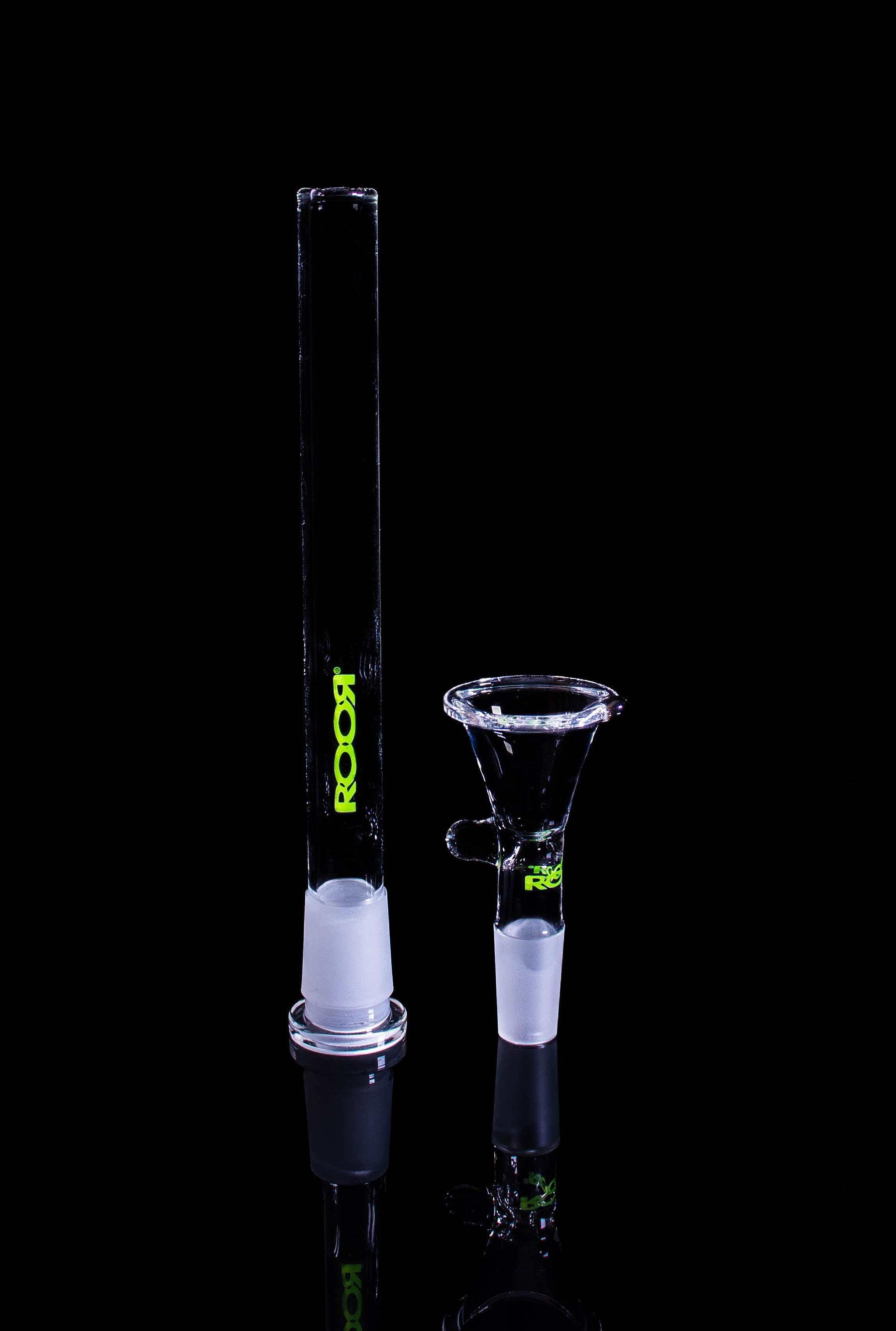 ROOR® Downstem & Bowl Set with Green Decal on black background.