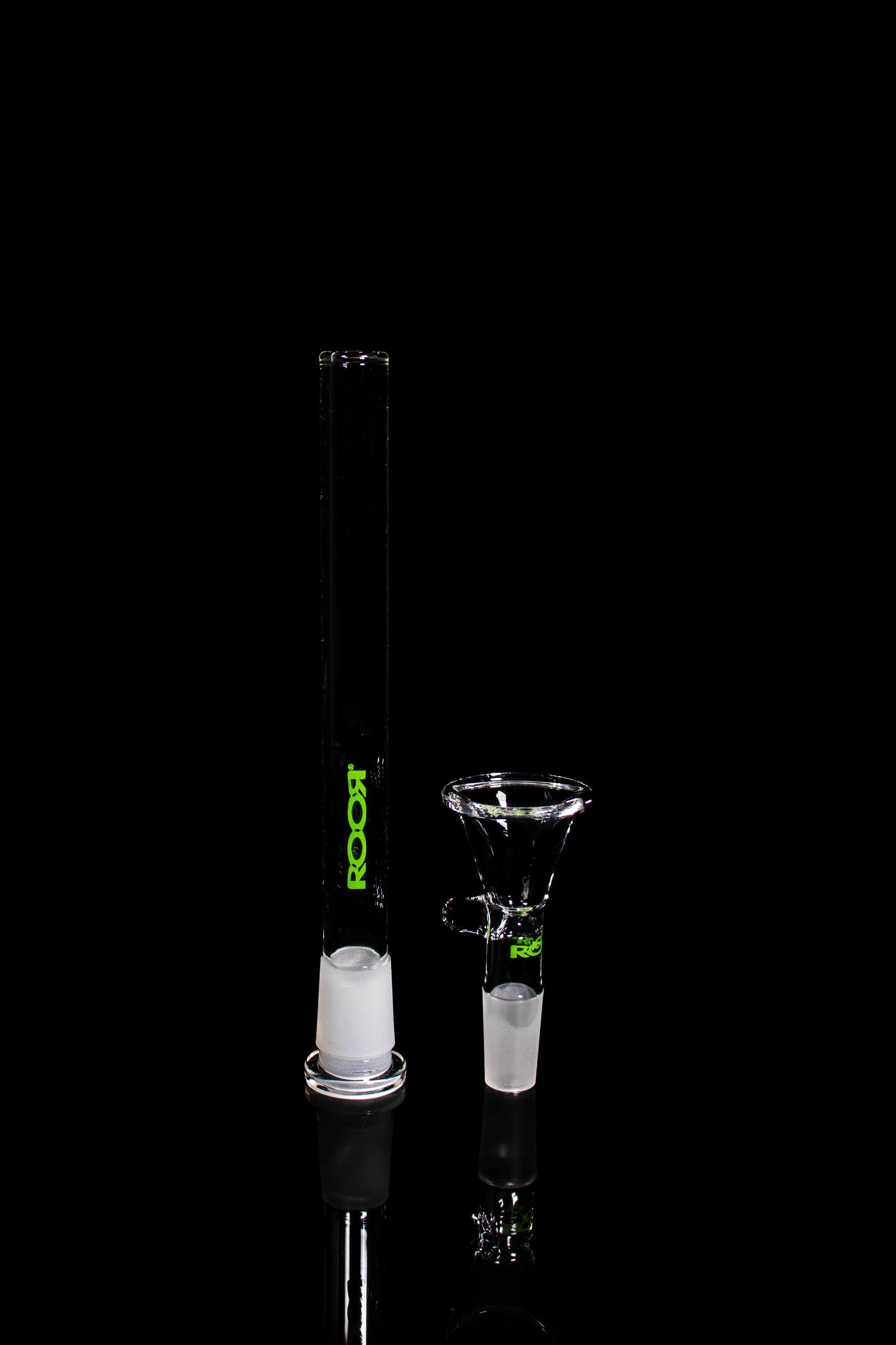 ROOR® Downstem & Bowl Set with Green Decal on black background.