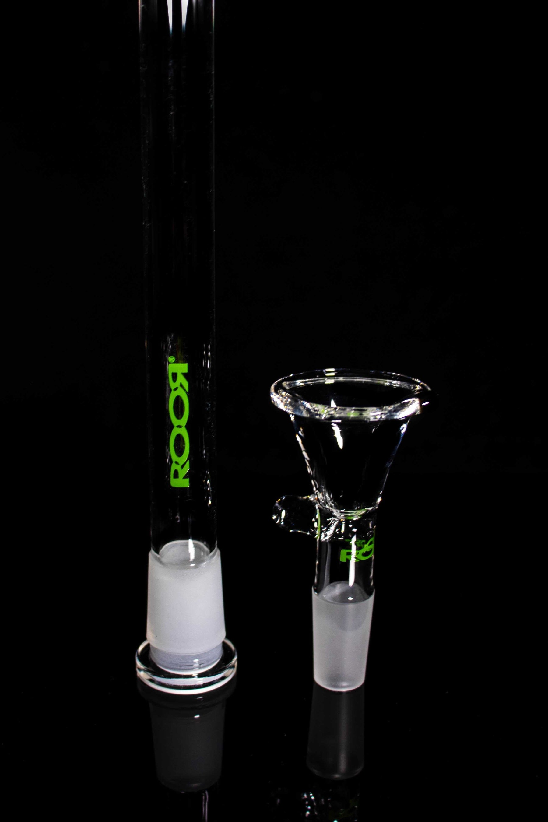 ROOR® Downstem & Bowl Set with Green Decal on black background, showcasing matching glassware.
