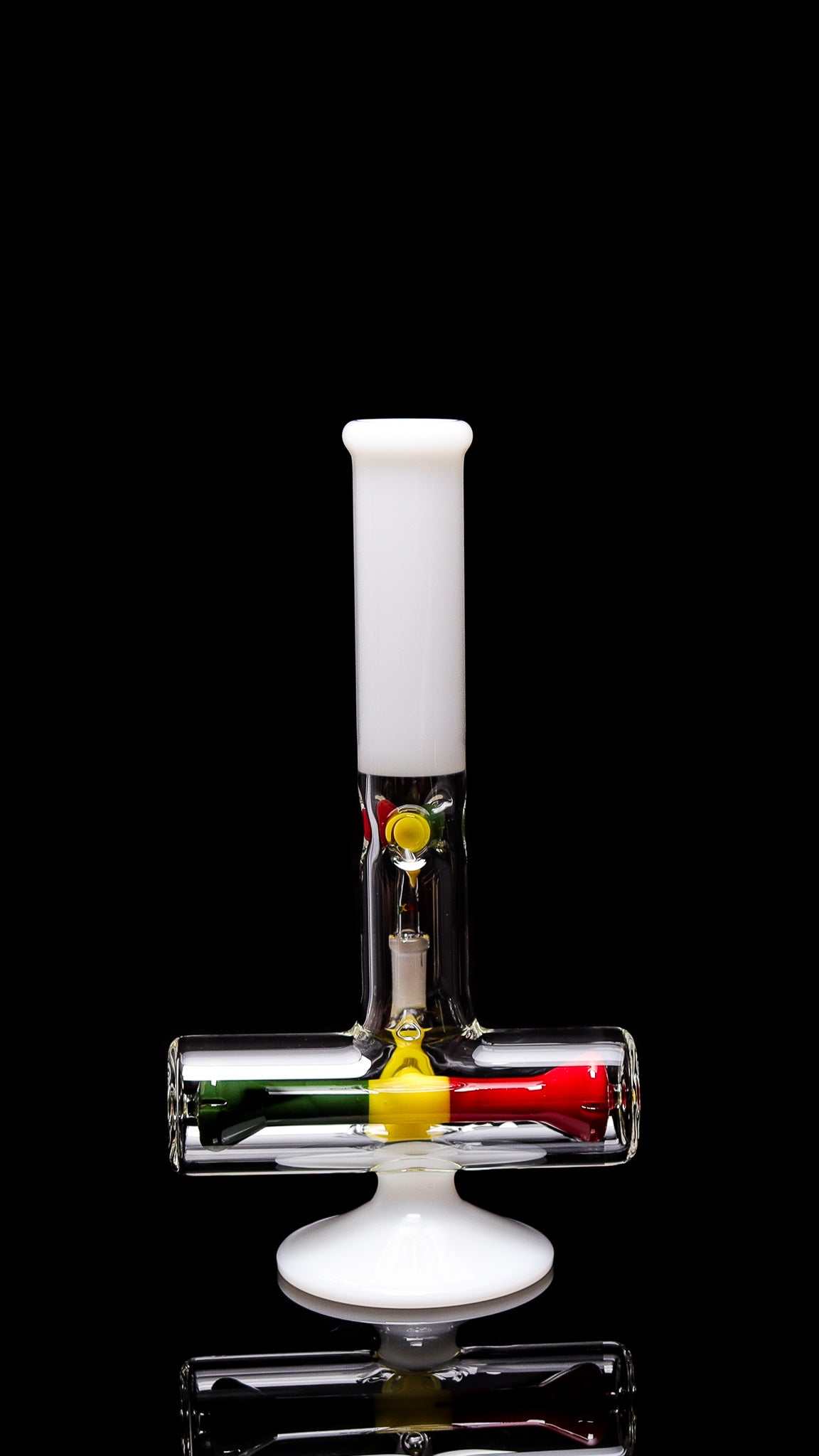 ROOR® Tech 12" Mini Inline White Rasta Edition glass bong with colorful accents.