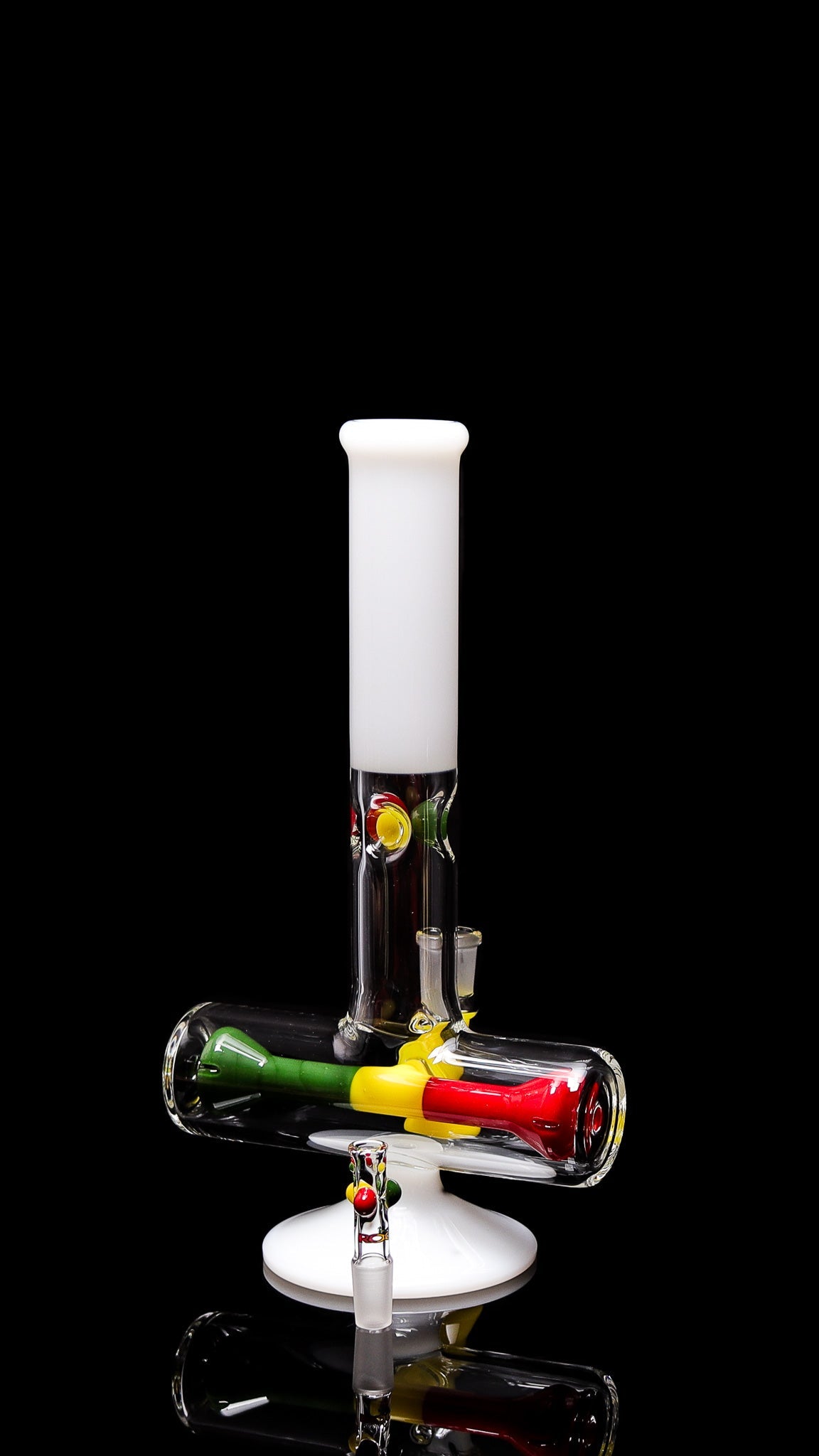 ROOR® Tech 12" Mini Inline White Rasta Edition glass bong with colorful accents.